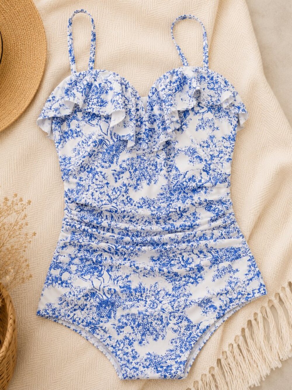 J.Crew Ruched Sweetheart One-Piece Swimsuit Blue Toile Size 12